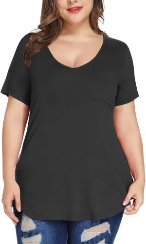 MONNURO Plus Size Tops for Women Casual V Neck Summer Short Sleeve T Shirts with Pocket