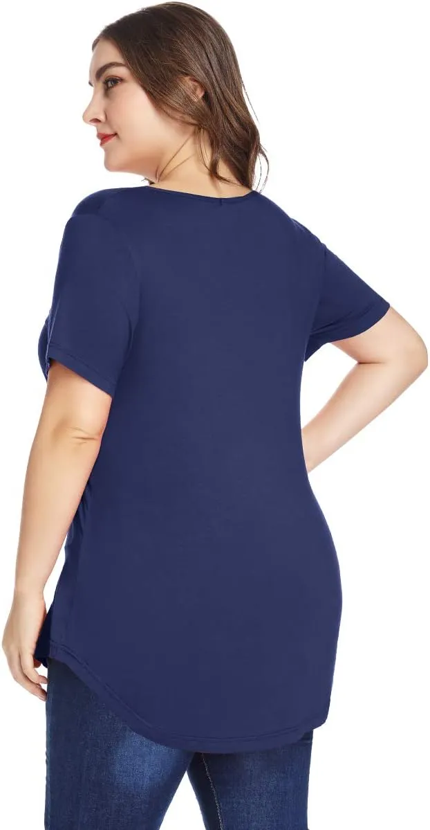 MONNURO Plus Size Tops for Women Casual V Neck Summer Short Sleeve T Shirts with Pocket