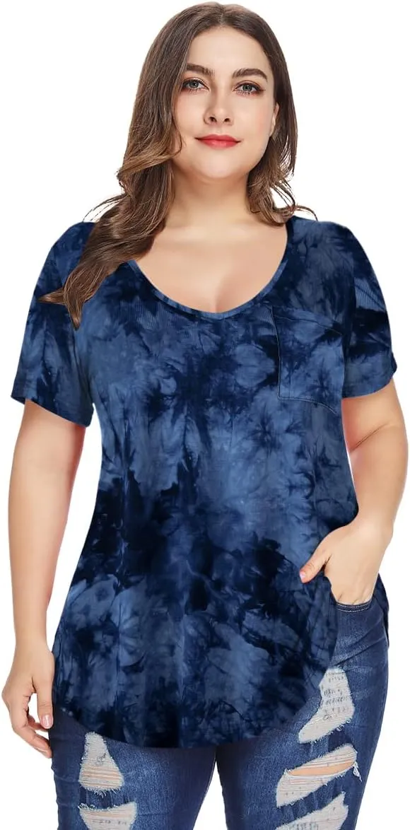 MONNURO Plus Size Tops for Women Casual V Neck Summer Short Sleeve T Shirts with Pocket