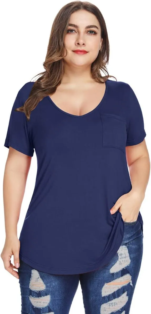 MONNURO Plus Size Tops for Women Casual V Neck Summer Short Sleeve T Shirts with Pocket