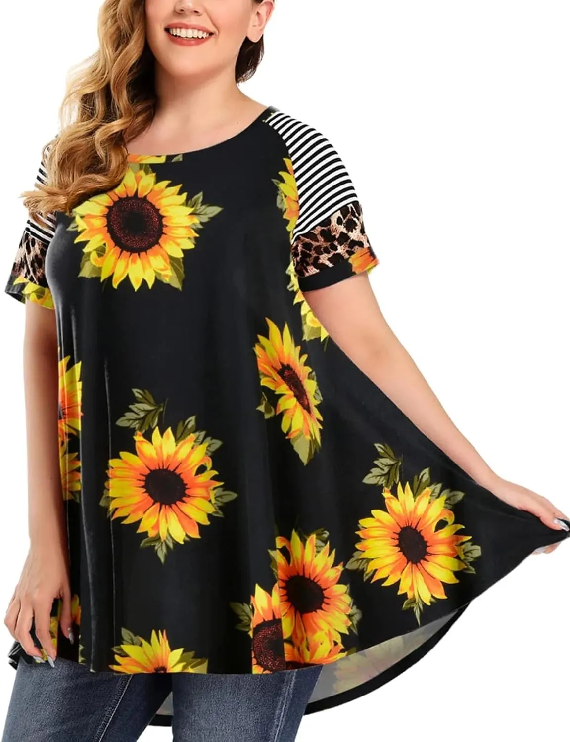 MONNURO Plus Size Tunics Leopard Print Tops For Women Casual Short Sleeve Striped Shirt Loose Fit