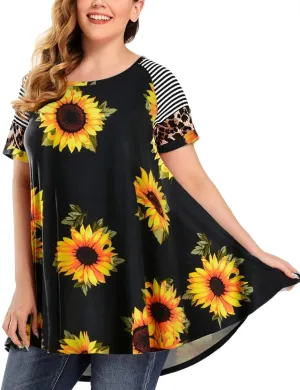 MONNURO Plus Size Tunics Leopard Print Tops For Women Casual Short Sleeve Striped Shirt Loose Fit