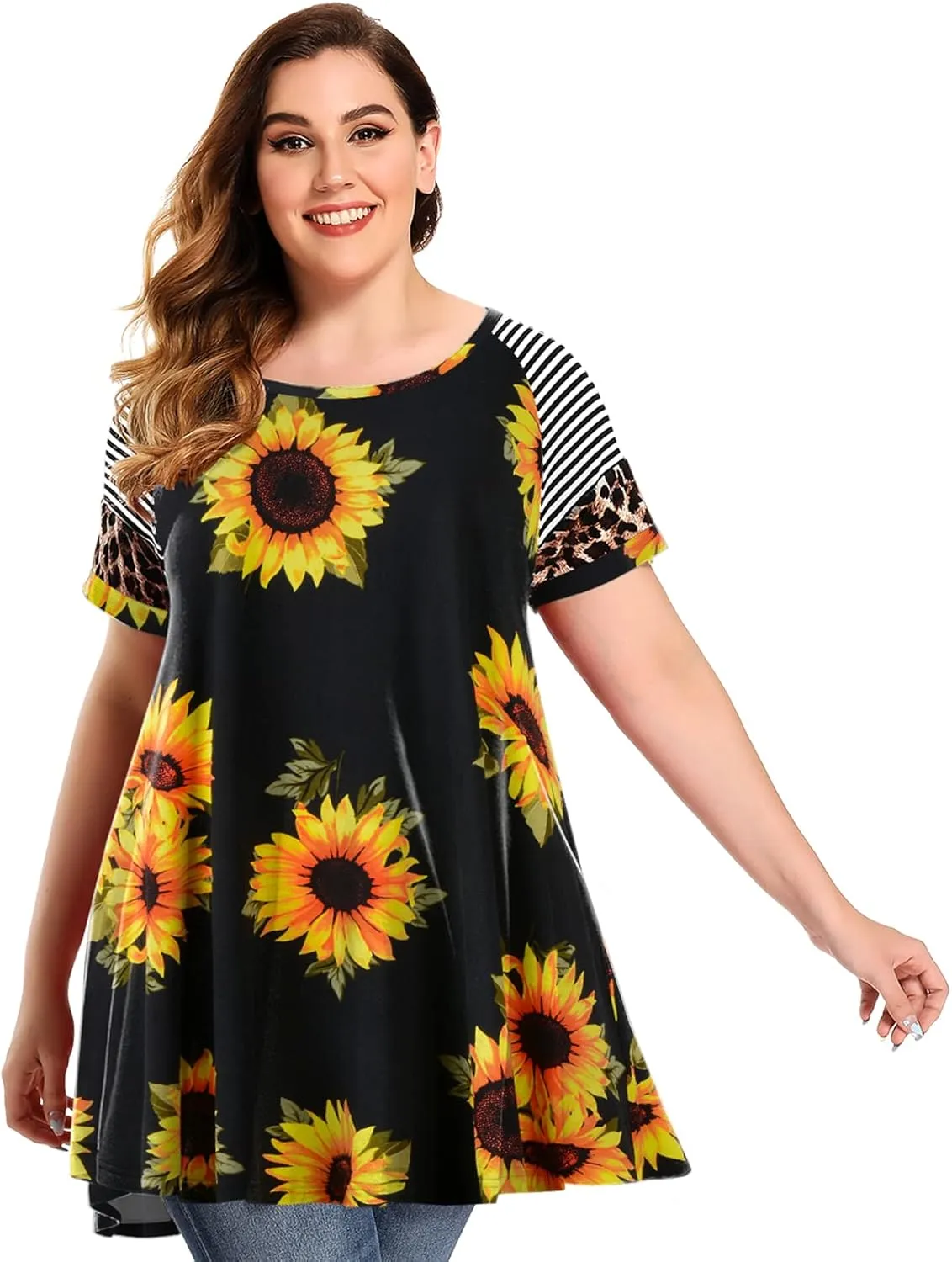 MONNURO Plus Size Tunics Leopard Print Tops For Women Casual Short Sleeve Striped Shirt Loose Fit