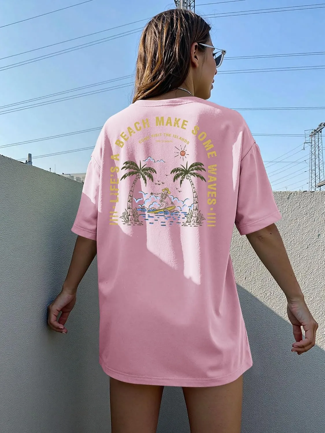 OUNAR Womens Funny Oversized Graphic Tshirt Life's A Beach Make Some Waves Tees Casual Loose Drop Shoulder Tops
