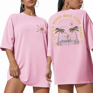 OUNAR Womens Funny Oversized Graphic Tshirt Life's A Beach Make Some Waves Tees Casual Loose Drop Shoulder Tops