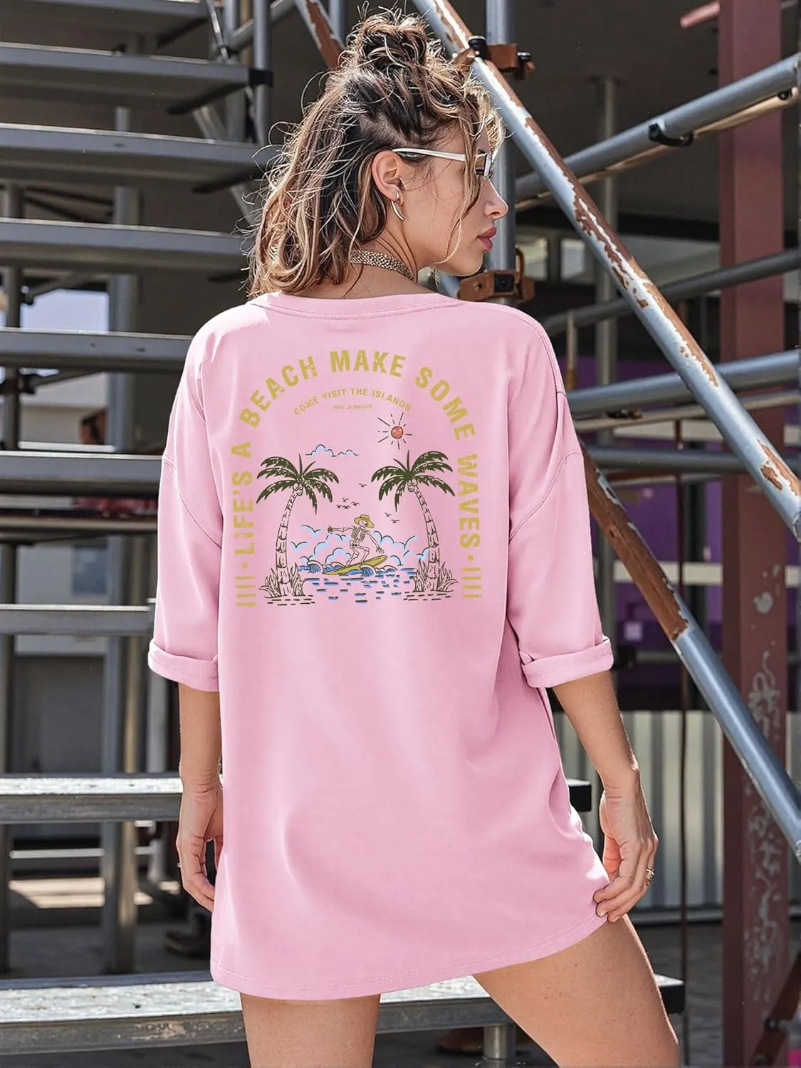OUNAR Womens Funny Oversized Graphic Tshirt Life's A Beach Make Some Waves Tees Casual Loose Drop Shoulder Tops