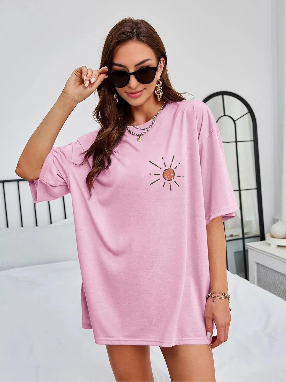 OUNAR Womens Funny Oversized Graphic Tshirt Life's A Beach Make Some Waves Tees Casual Loose Drop Shoulder Tops