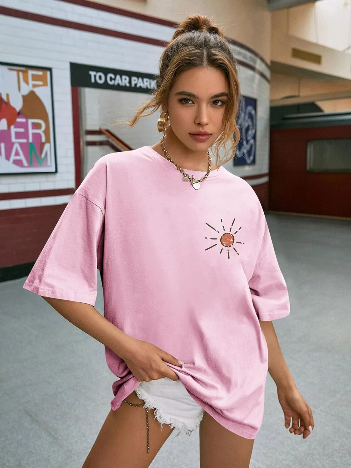 OUNAR Womens Funny Oversized Graphic Tshirt Life's A Beach Make Some Waves Tees Casual Loose Drop Shoulder Tops