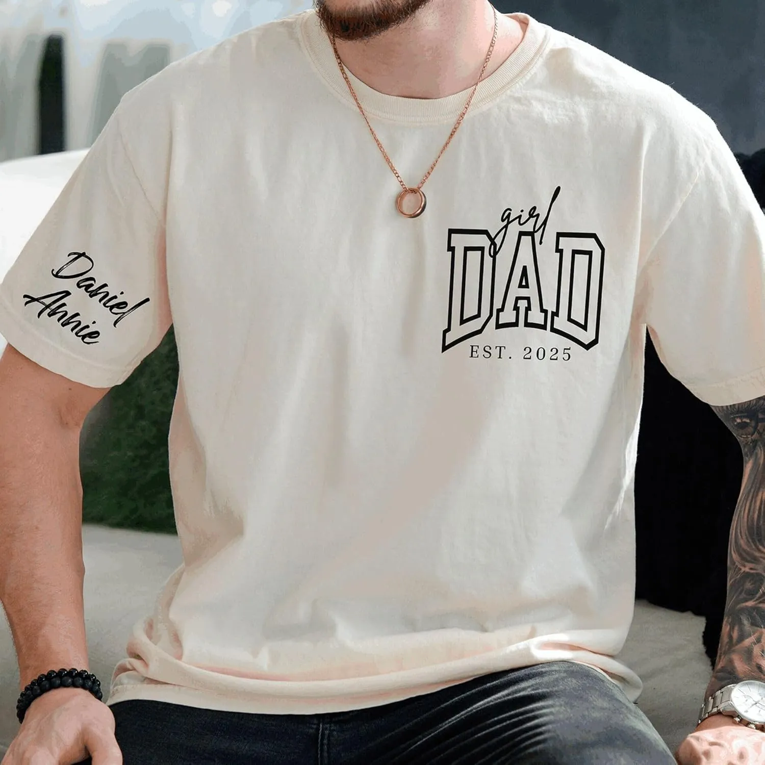 Personalized Dad Shirt, Custom Dad with Kids Names On Sleeve Tshirt, Est Date Daddy T Shirt