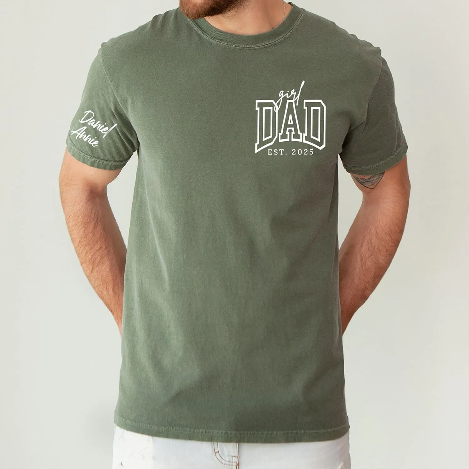 Personalized Dad Shirt, Custom Dad with Kids Names On Sleeve Tshirt, Est Date Daddy T Shirt