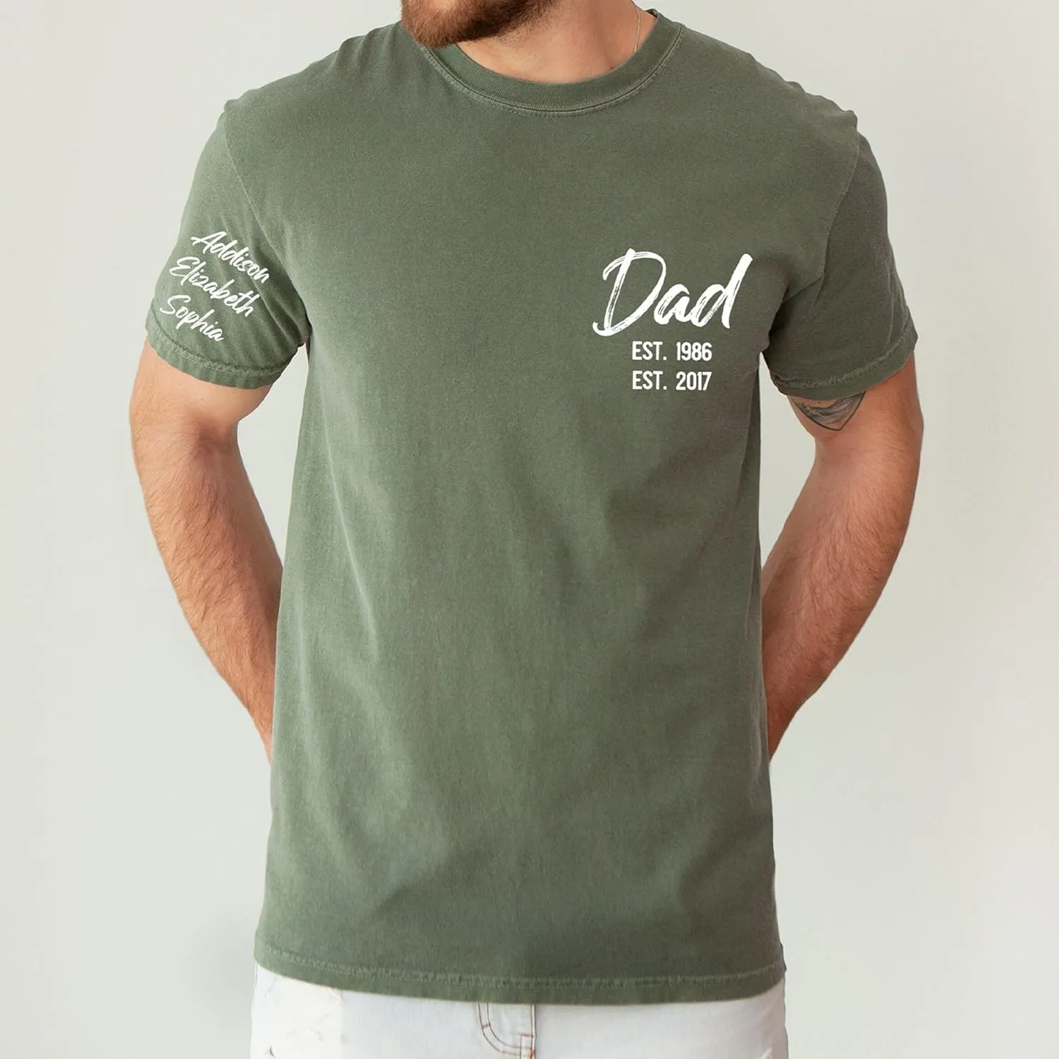 Personalized Dad Shirt, Custom Dad with Kids Names On Sleeve Tshirt, Est Date Daddy T Shirt