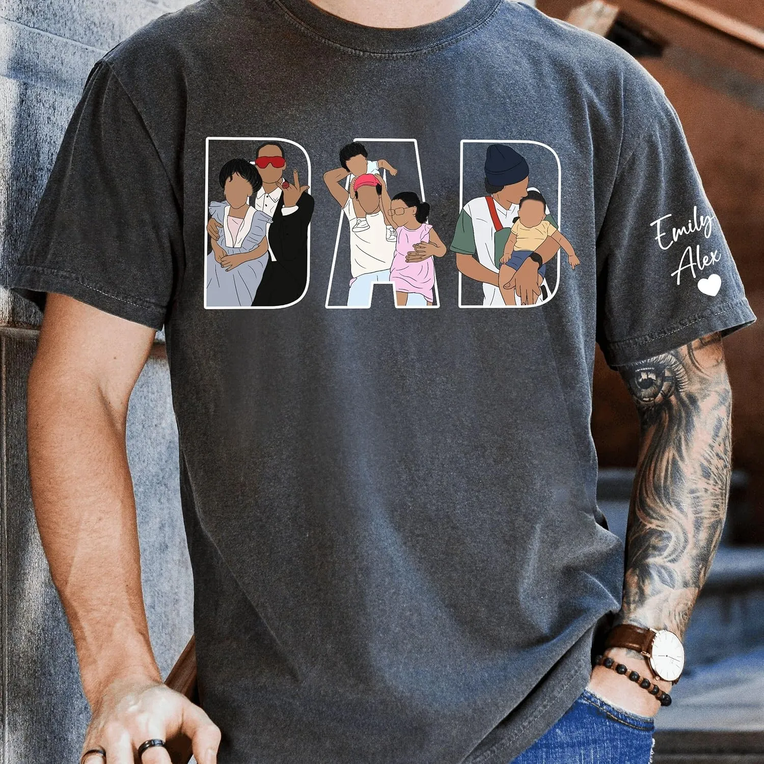 Personalized Dad Shirt, Custom Dad with Kids Names On Sleeve Tshirt, Est Date Daddy T Shirt