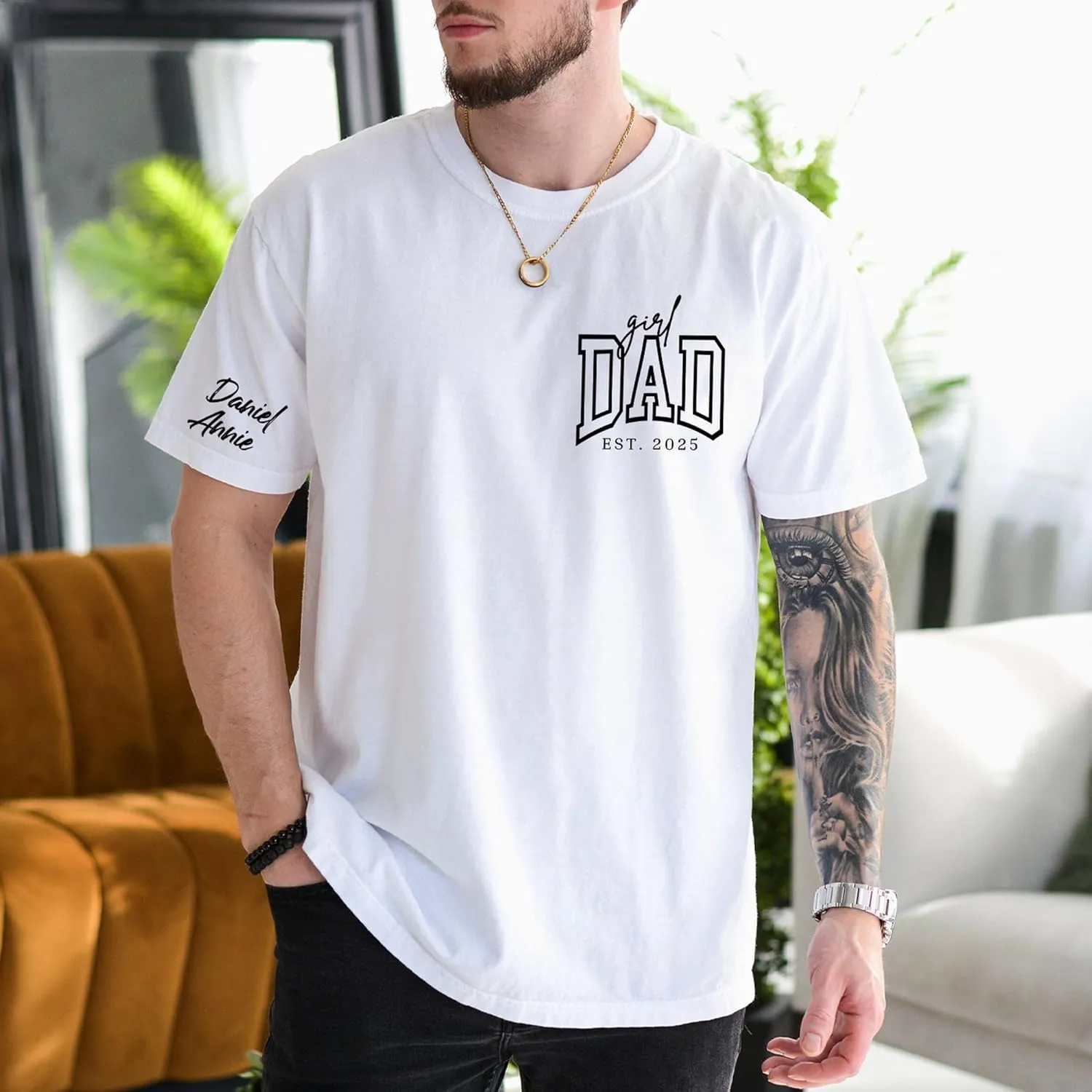 Personalized Dad Shirt, Custom Dad with Kids Names On Sleeve Tshirt, Est Date Daddy T Shirt