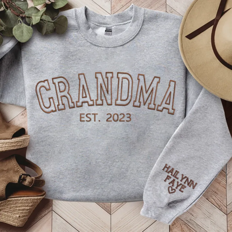 Personalized Embroidered Grandma Sweatshirt with grandkids names, Custom Name Embroidered Kids On Sleeve