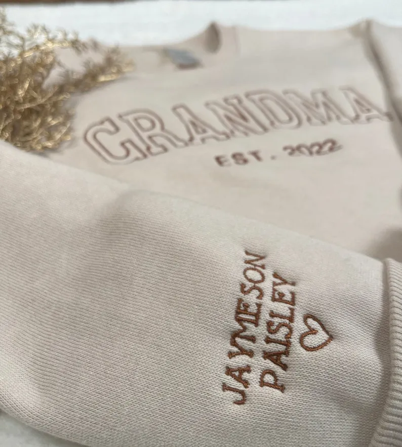 Personalized Embroidered Grandma Sweatshirt with grandkids names, Custom Name Embroidered Kids On Sleeve