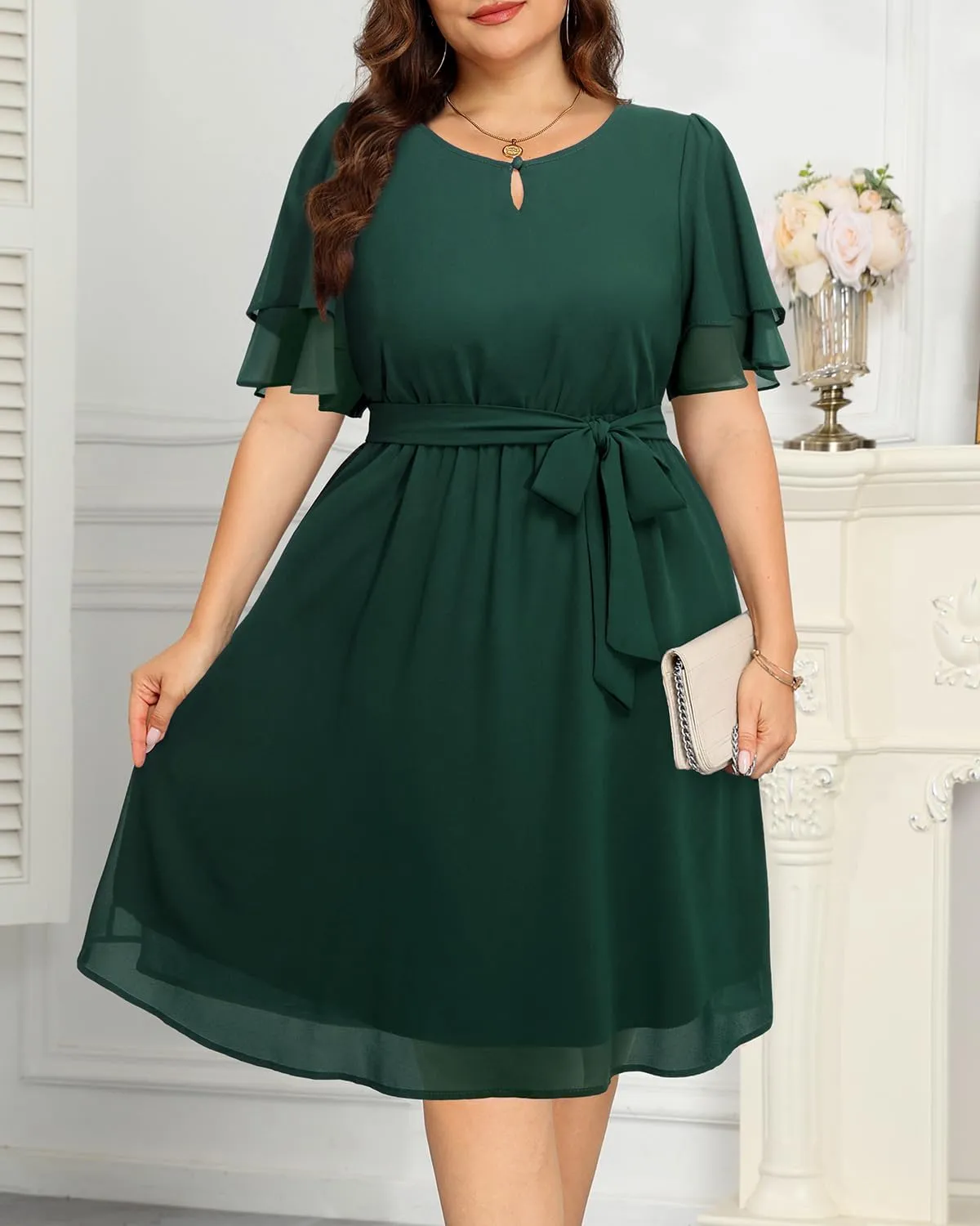 Pinup Fashion Plus Size Dresses for Wedding Guest - Semi Formal Cocktail Chiffon Keyhole Neck Knee Length Dress