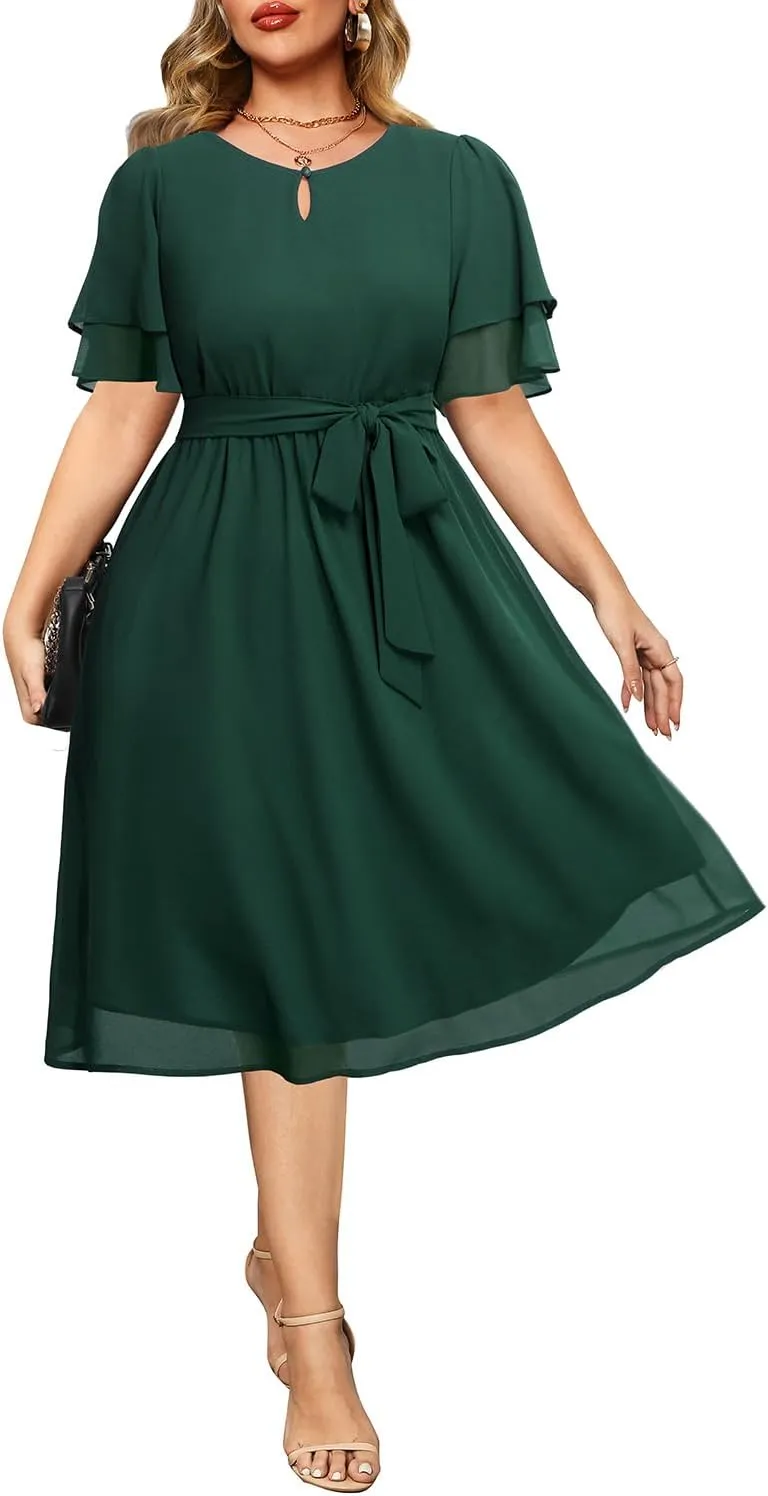 Pinup Fashion Plus Size Dresses for Wedding Guest - Semi Formal Cocktail Chiffon Keyhole Neck Knee Length Dress