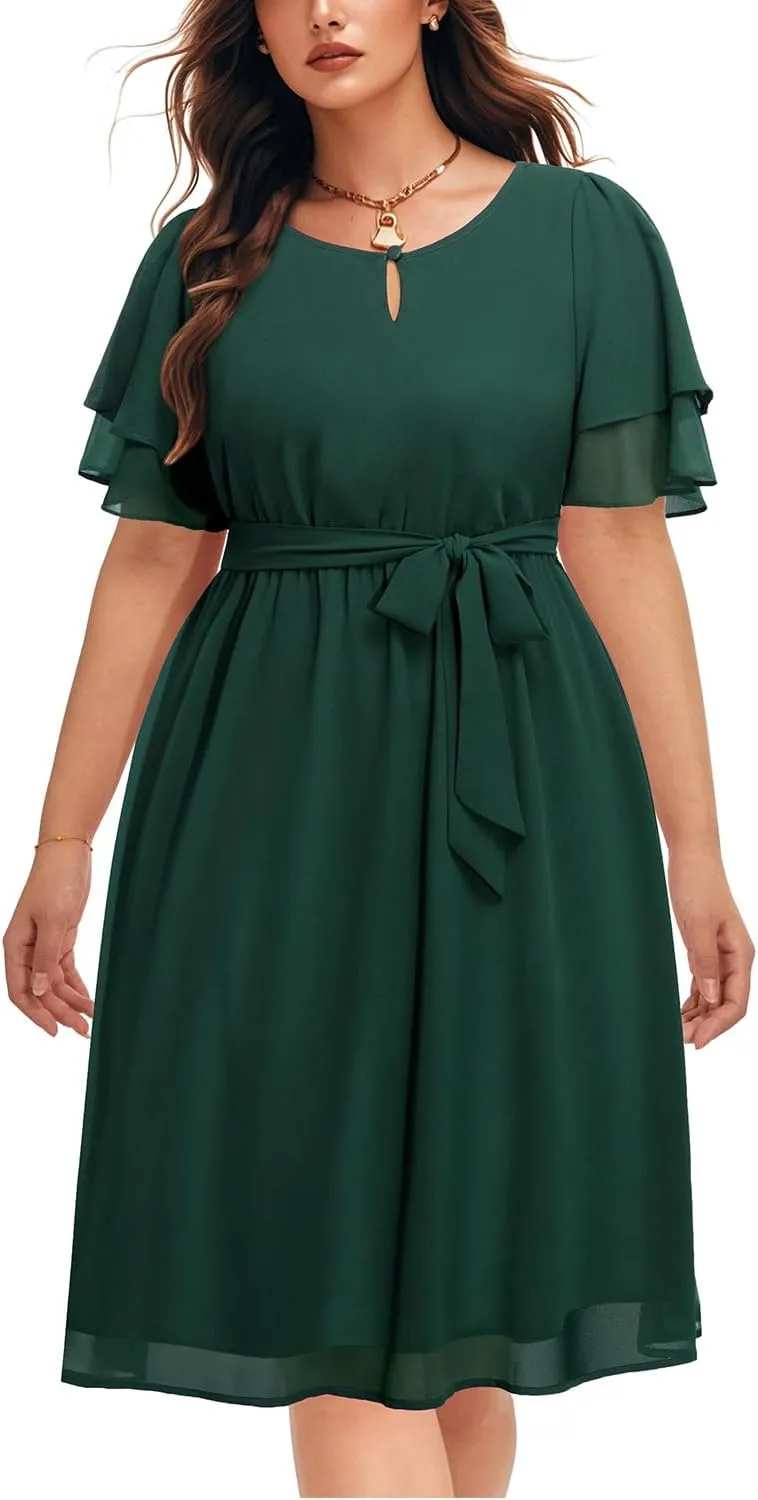 Pinup Fashion Plus Size Dresses for Wedding Guest - Semi Formal Cocktail Chiffon Keyhole Neck Knee Length Dress