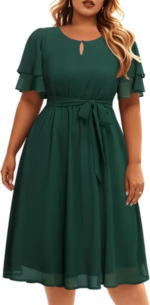 Pinup Fashion Plus Size Dresses for Wedding Guest - Semi Formal Cocktail Chiffon Keyhole Neck Knee Length Dress