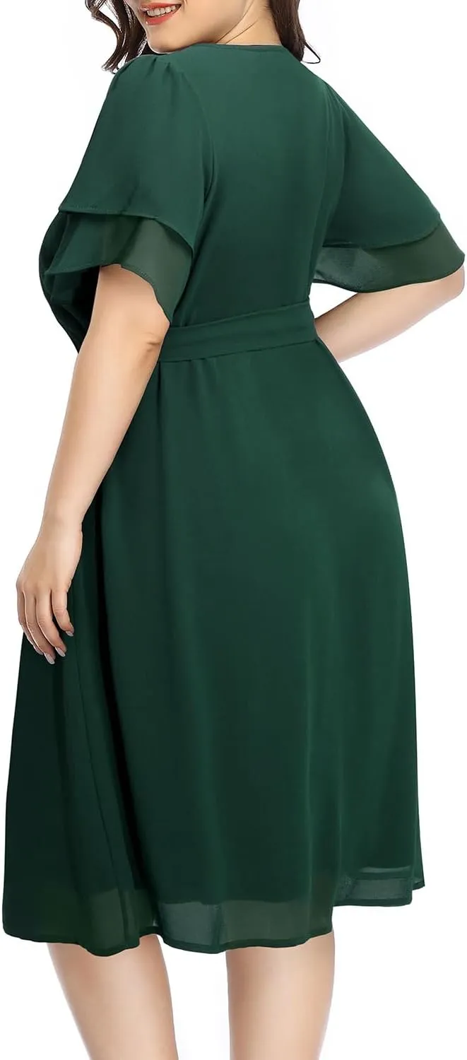 Pinup Fashion Plus Size Dresses for Wedding Guest - Semi Formal Cocktail Chiffon Keyhole Neck Knee Length Dress
