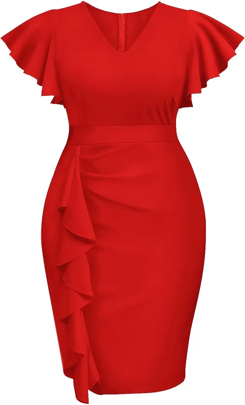 Pinup Fashion Plus Size Wedding Guest Dress - Women Cocktail Work Church Semi Formal Ruched Pencil Dresses