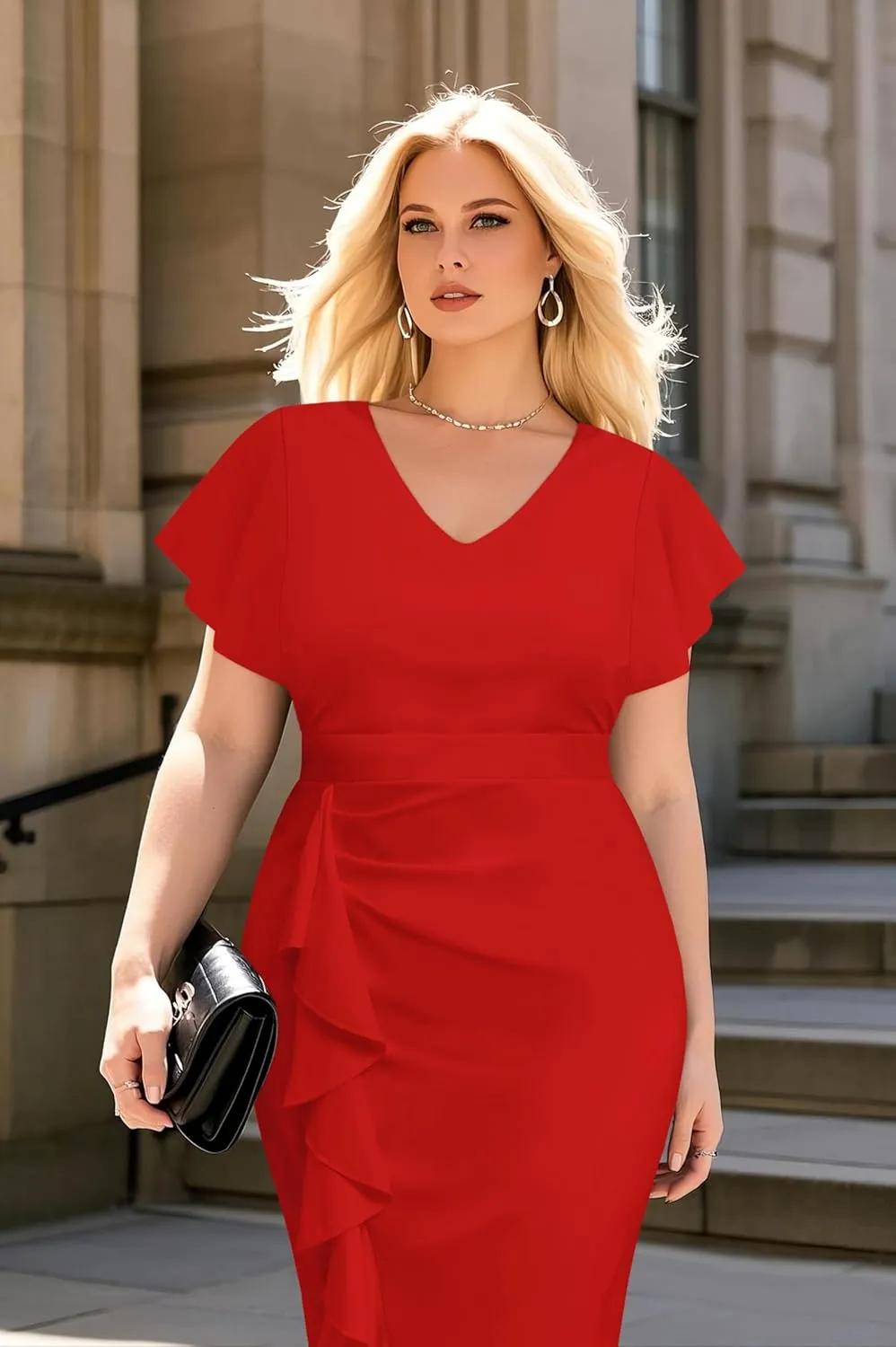Pinup Fashion Plus Size Wedding Guest Dress - Women Cocktail Work Church Semi Formal Ruched Pencil Dresses