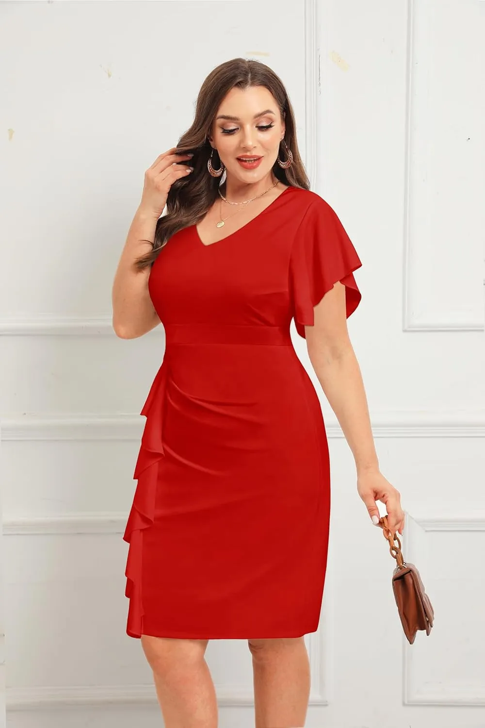 Pinup Fashion Plus Size Wedding Guest Dress - Women Cocktail Work Church Semi Formal Ruched Pencil Dresses