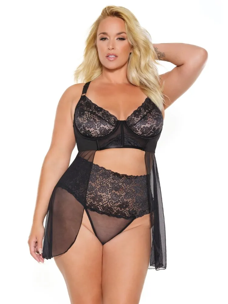 Plus Size Black Lace Babydoll Set