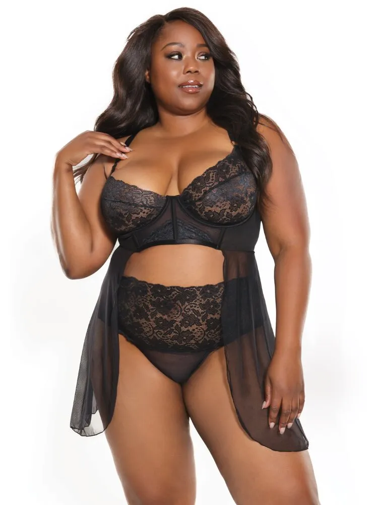 Plus Size Black Lace Babydoll Set
