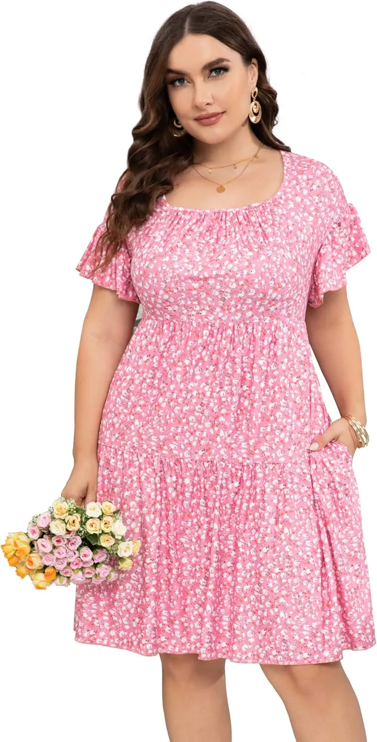 Plus Size Dress Women's Plus Size Floral V-Neck Dress Short Sleeve Knee Length A-line Mini Dresses