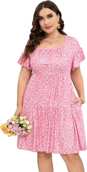 Plus Size Dress Women's Plus Size Floral V-Neck Dress Short Sleeve Knee Length A-line Mini Dresses