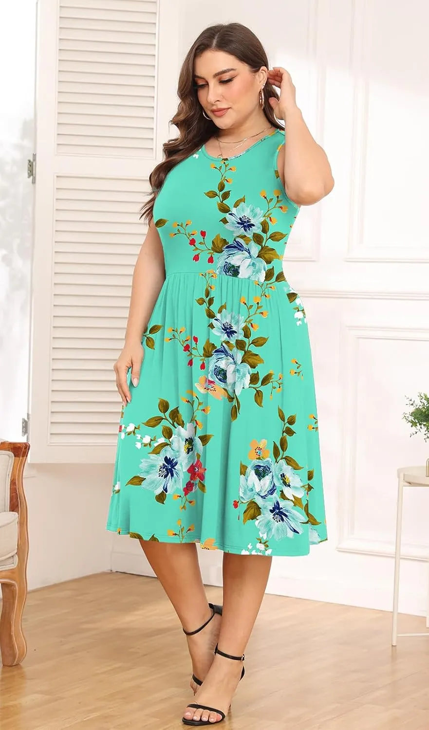 POSESHE Womens Plus Size Dress 2024 Summer Round Neck Sleeveless Casual Empire Waist Loose Fit Swing Tank Dress with Pockets