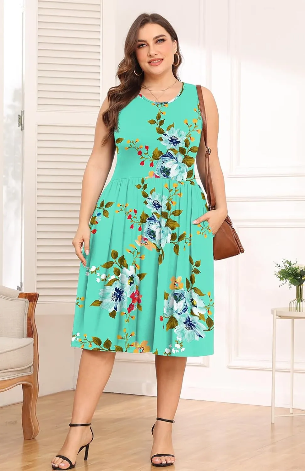 POSESHE Womens Plus Size Dress 2024 Summer Round Neck Sleeveless Casual Empire Waist Loose Fit Swing Tank Dress with Pockets