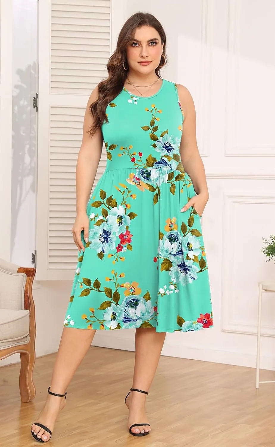 POSESHE Womens Plus Size Dress 2024 Summer Round Neck Sleeveless Casual Empire Waist Loose Fit Swing Tank Dress with Pockets
