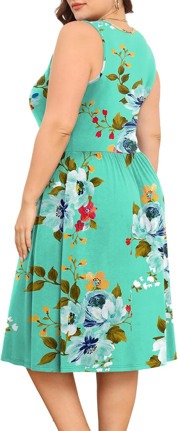 POSESHE Womens Plus Size Dress 2024 Summer Round Neck Sleeveless Casual Empire Waist Loose Fit Swing Tank Dress with Pockets