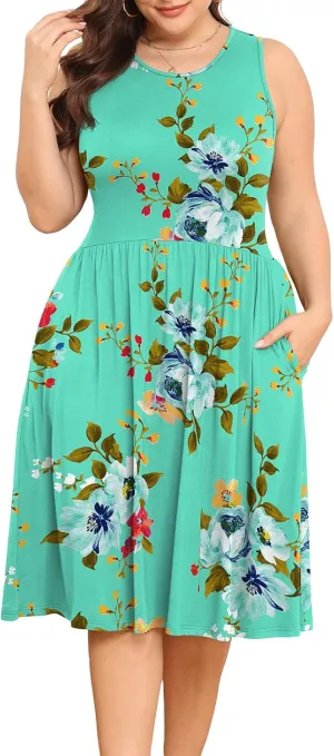 POSESHE Womens Plus Size Dress 2024 Summer Round Neck Sleeveless Casual Empire Waist Loose Fit Swing Tank Dress with Pockets
