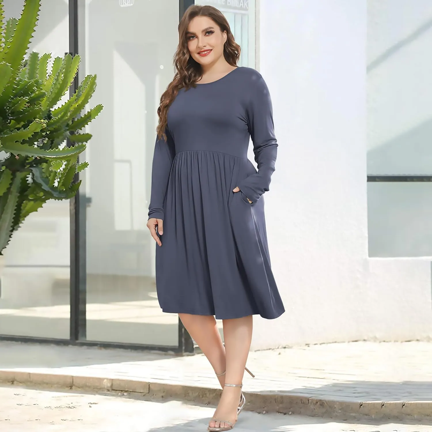 POSESHE Women's Plus Size Dresses 2024 Long Sleeves Crew Neck Casual Dresses Empire Waist Loose Flowy Dress with Pockets