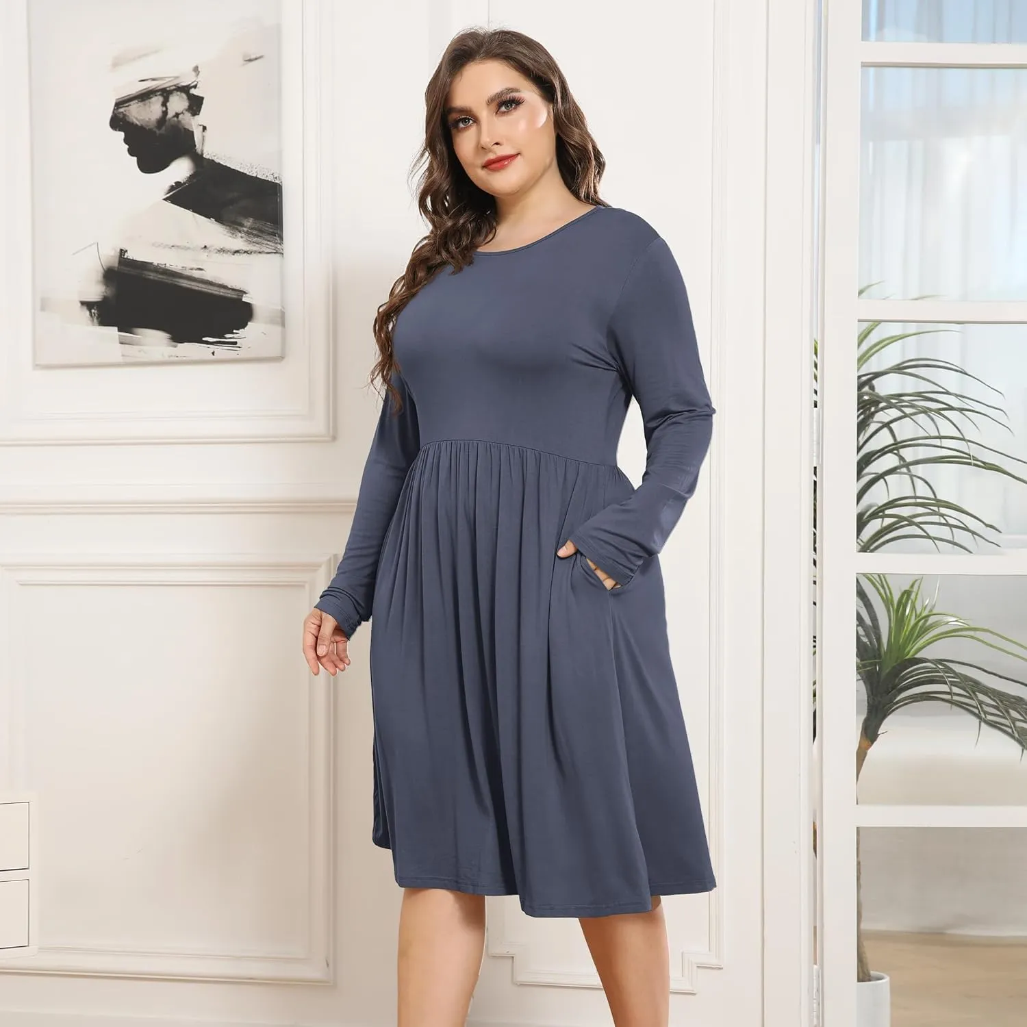 POSESHE Women's Plus Size Dresses 2024 Long Sleeves Crew Neck Casual Dresses Empire Waist Loose Flowy Dress with Pockets