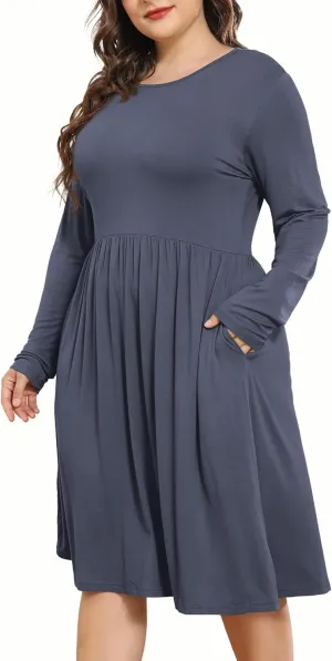 POSESHE Women's Plus Size Dresses 2024 Long Sleeves Crew Neck Casual Dresses Empire Waist Loose Flowy Dress with Pockets
