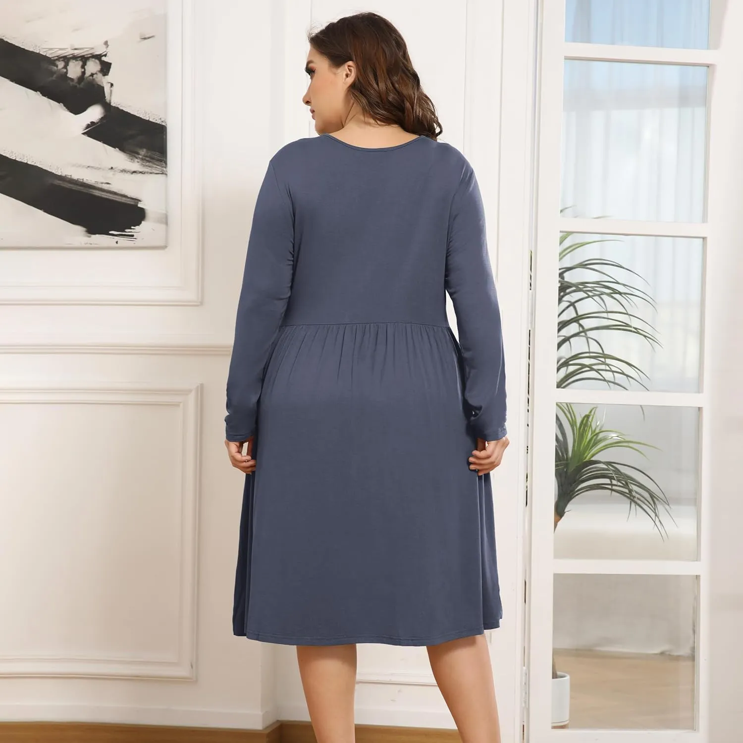 POSESHE Women's Plus Size Dresses 2024 Long Sleeves Crew Neck Casual Dresses Empire Waist Loose Flowy Dress with Pockets
