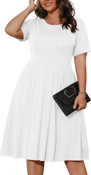 POSESHE Womens Plus Size Summer Dress 2025 Casual Short Sleeve Empire Waist Loose Fit Swing T-Shirt Dress with Pockets
