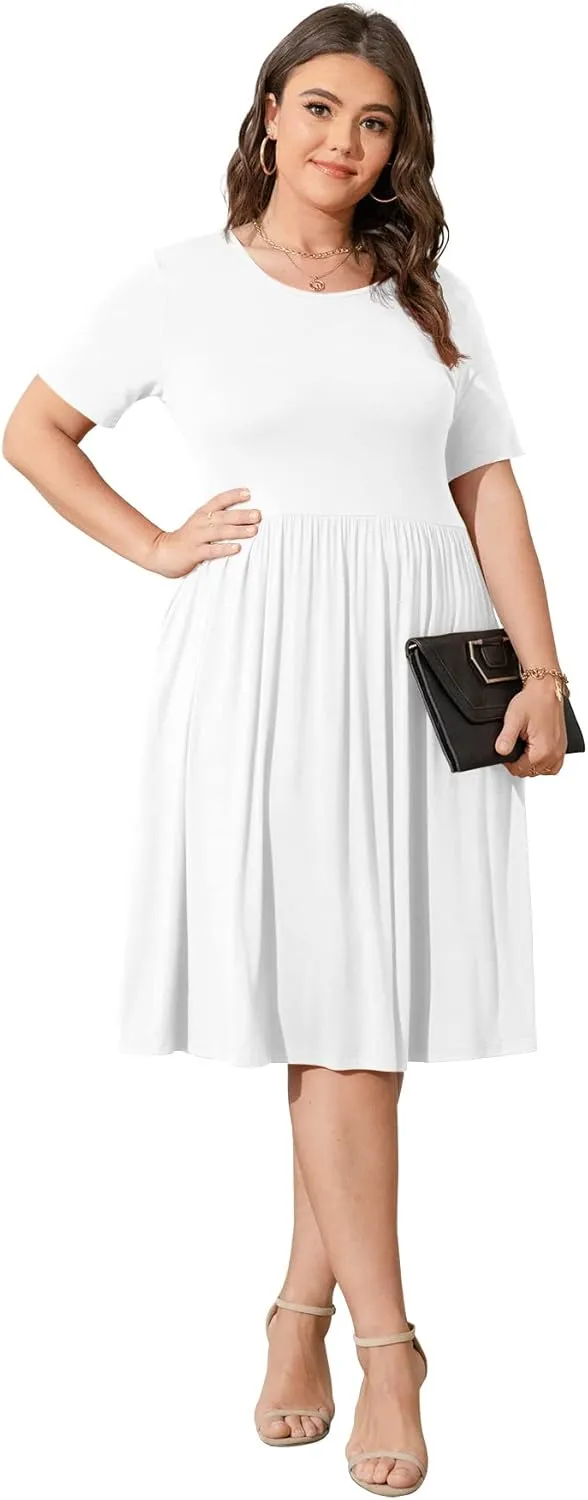 POSESHE Womens Plus Size Summer Dress 2025 Casual Short Sleeve Empire Waist Loose Fit Swing T-Shirt Dress with Pockets