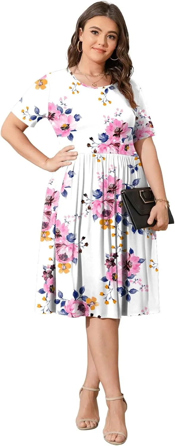 POSESHE Womens Plus Size Summer Dress 2025 Casual Short Sleeve Empire Waist Loose Fit Swing T-Shirt Dress with Pockets