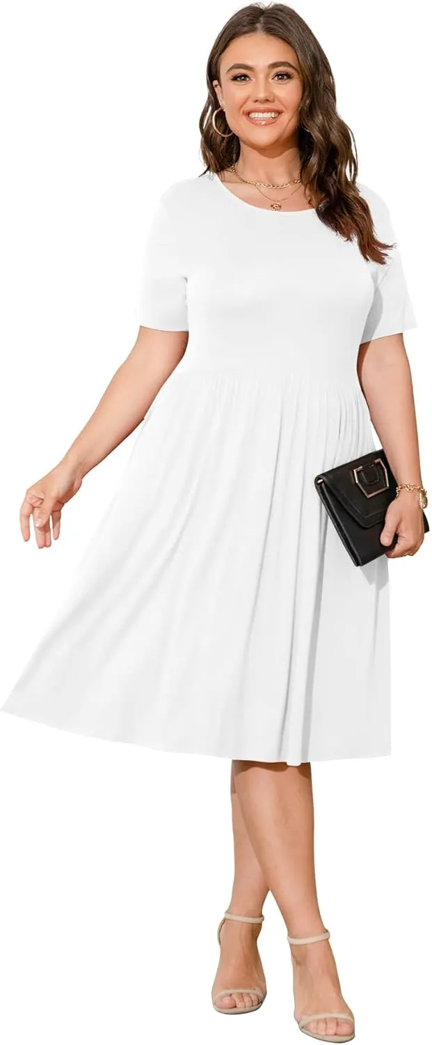 POSESHE Womens Plus Size Summer Dress 2025 Casual Short Sleeve Empire Waist Loose Fit Swing T-Shirt Dress with Pockets