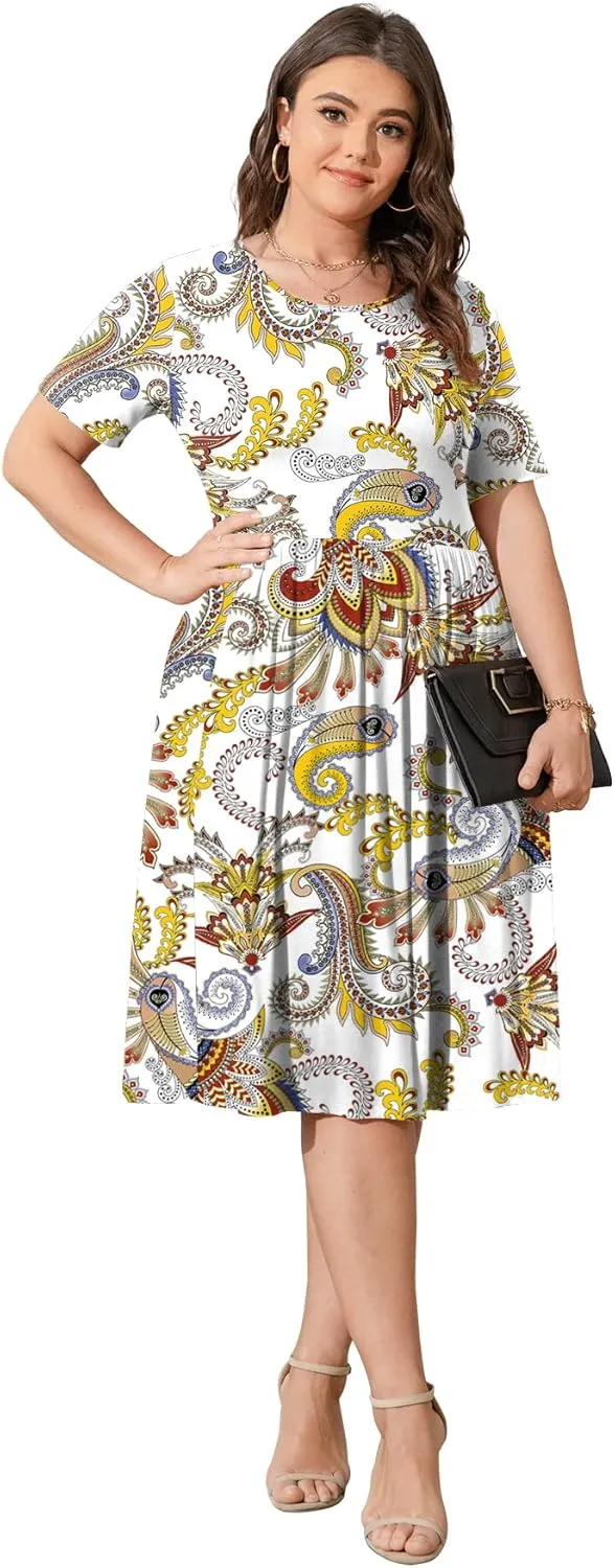 POSESHE Womens Plus Size Summer Dress 2025 Casual Short Sleeve Empire Waist Loose Fit Swing T-Shirt Dress with Pockets
