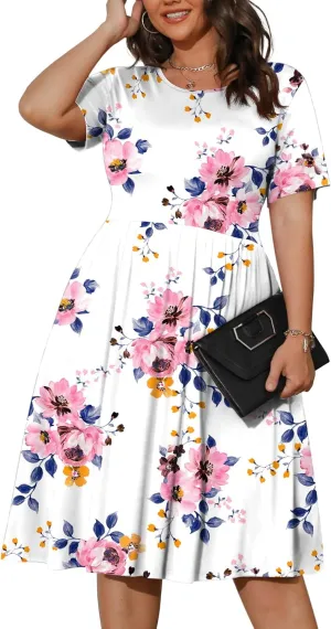 POSESHE Womens Plus Size Summer Dress 2025 Casual Short Sleeve Empire Waist Loose Fit Swing T-Shirt Dress with Pockets
