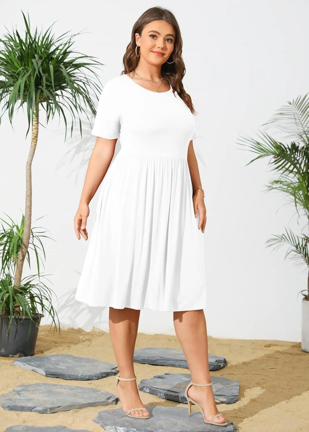 POSESHE Womens Plus Size Summer Dress 2025 Casual Short Sleeve Empire Waist Loose Fit Swing T-Shirt Dress with Pockets
