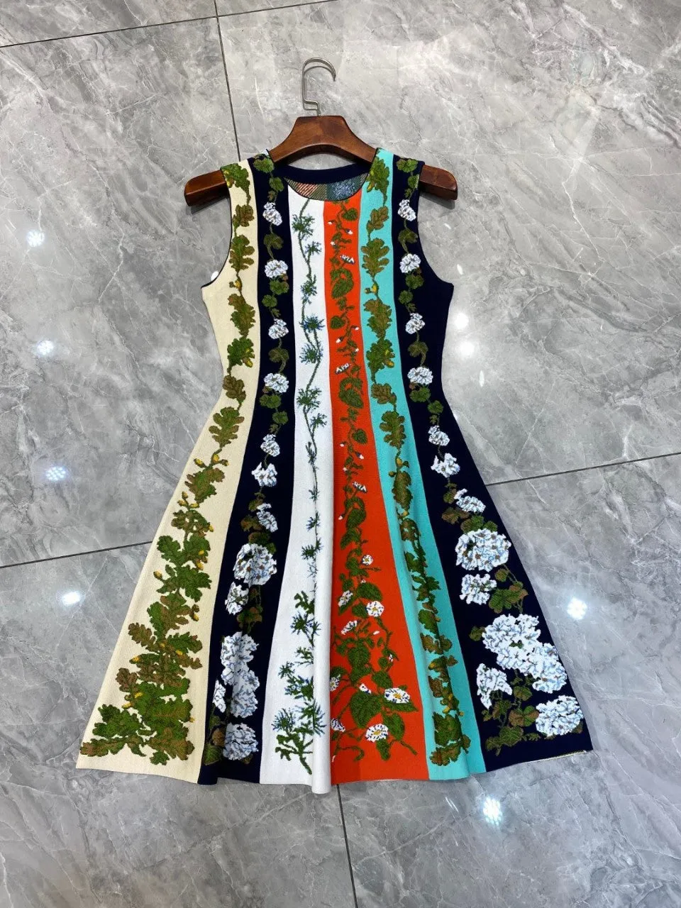 Pre Order:  Floral Stripes A-Line Sleeveless Dress