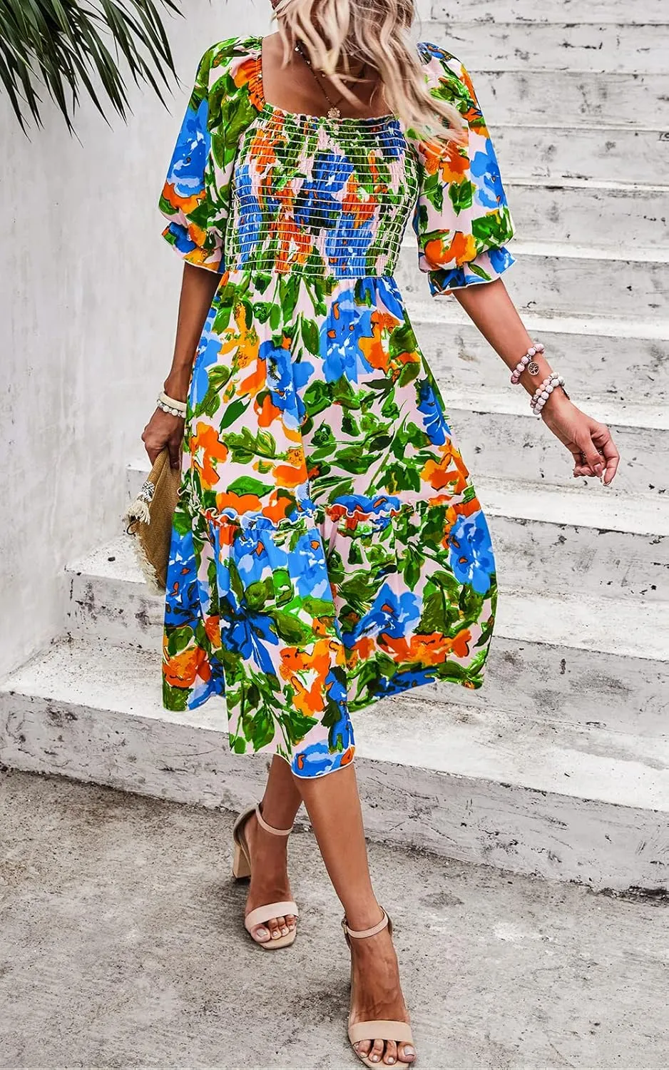 PRETTYGARDEN Women's Summer Casual Dresses 2025 Spring Puff Sleeve Square Neck A-line Flowy Boho Floral Smocked Midi Dress