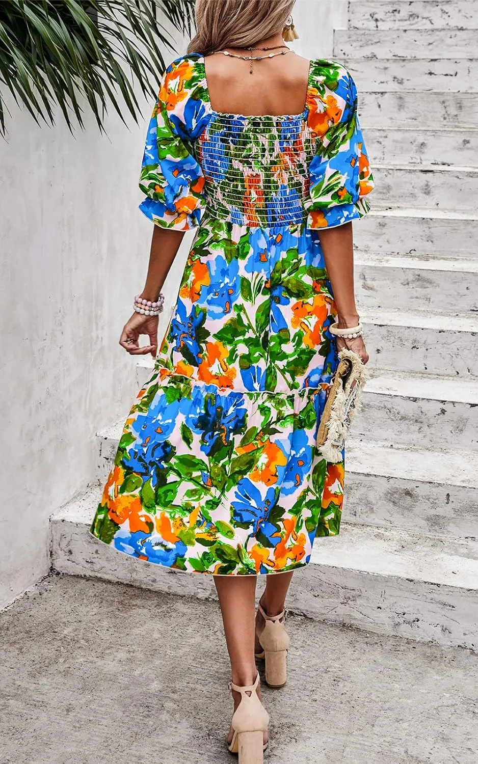 PRETTYGARDEN Women's Summer Casual Dresses 2025 Spring Puff Sleeve Square Neck A-line Flowy Boho Floral Smocked Midi Dress